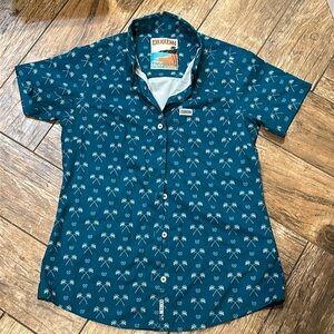 Dixxon womens Party Shirt Two Palms Short Sleeve Blue Button Up small